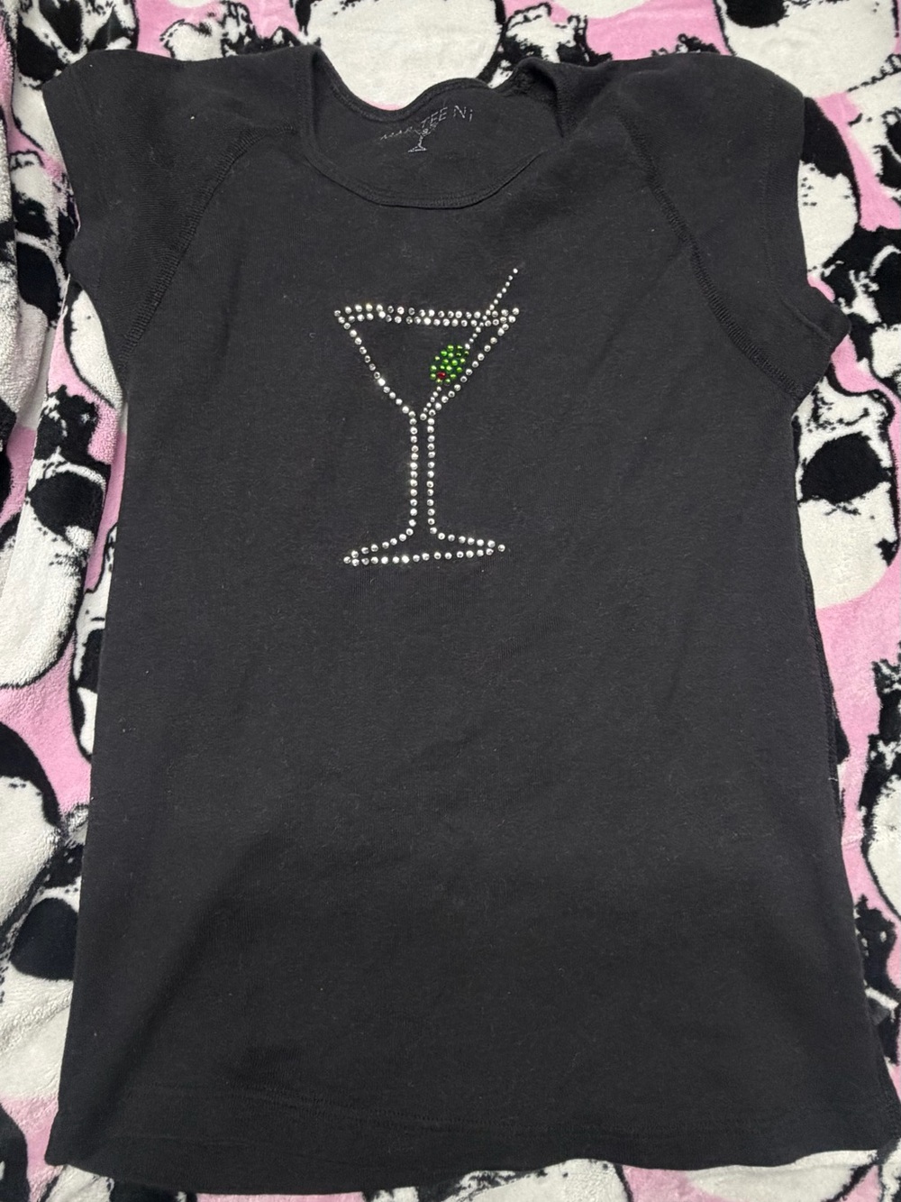 Vintage Black Rhinestone Martini Tee with Green Olive Accent - Women